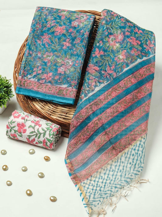 HAND BLOCK PRINTED KOTA DORIYA SUIT WITH KOTA DORIYA DUPPATA (FKS15)