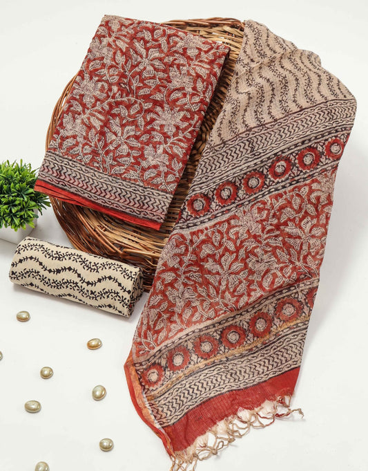 HAND BLOCK PRINTED KOTA DORIYA SUIT WITH KOTA DORIYA DUPPATA (FKS16)