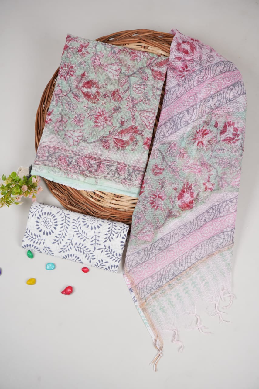 HAND BLOCK PRINTED KOTA DORIYA SUIT WITH KOTA DORIYA DUPPATA (FKS34)
