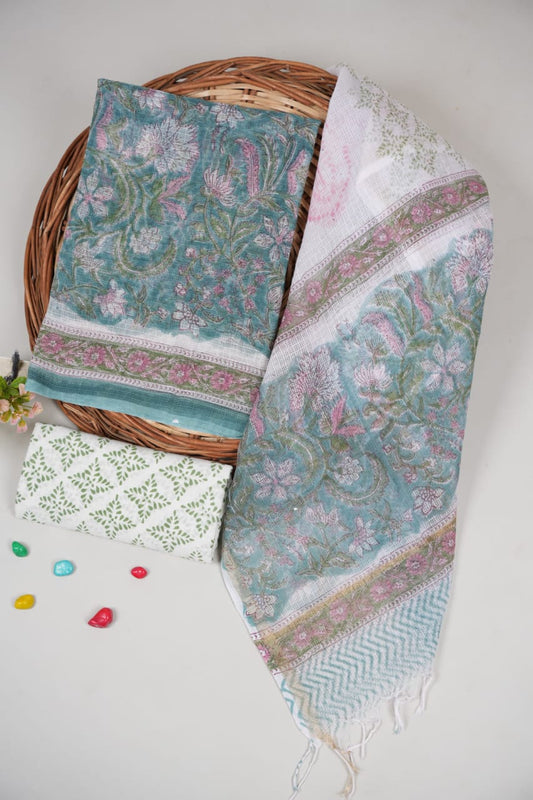 HAND BLOCK PRINTED KOTA DORIYA SUIT WITH KOTA DORIYA DUPPATA (FKS38)