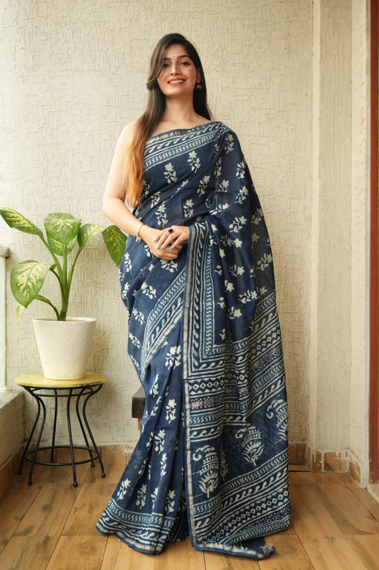Bagru Hand Block Printed Chanderi Silk Saree with Blouse (CSS22)