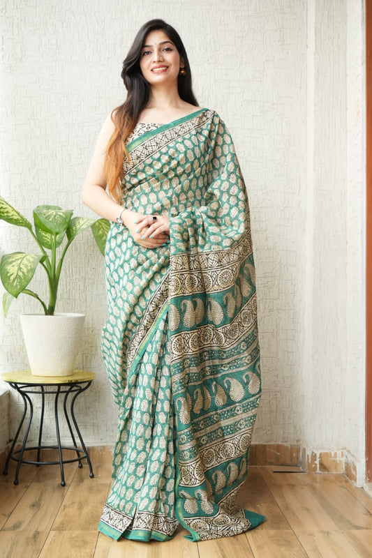 Bagru Hand Block Printed Chanderi Silk Saree with Blouse (CSS19)