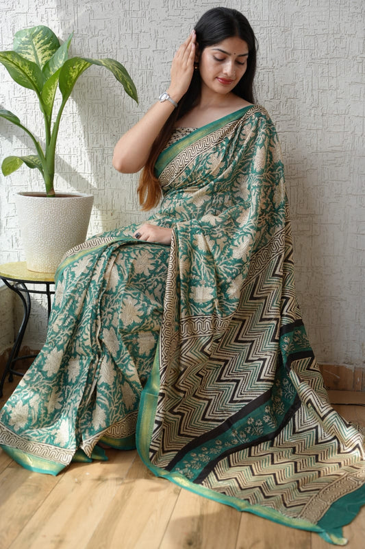 Jaipuri Hand Block Bagru Printed Maheshwari Silk Saree With Blouse (MSS26)
