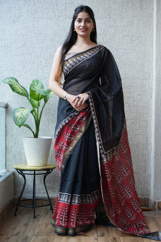 Jaipuri Hand Block Bagru Printed Maheshwari Silk Saree With Blouse (MSS31)
