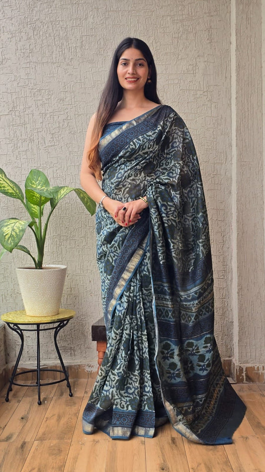 Jaipuri Hand Block Bagru Printed Maheshwari Silk Saree With Blouse (MSS38)