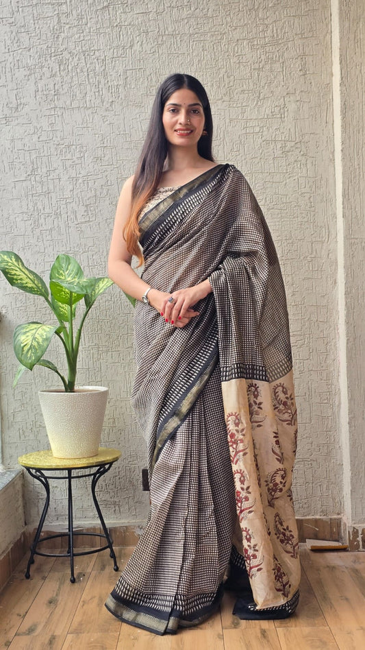 Jaipuri Hand Block Bagru Printed Maheshwari Silk Saree With Blouse (MSS39)