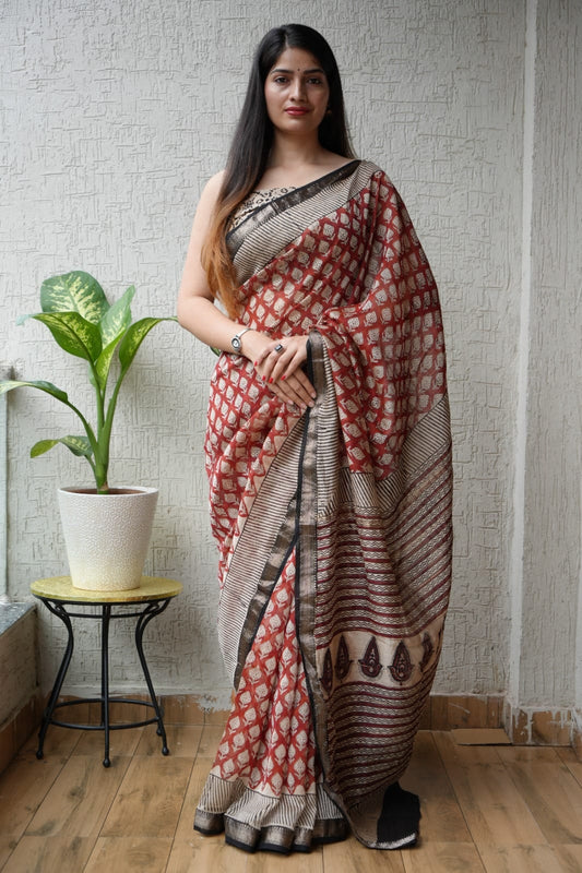 Jaipuri Hand Block Bagru Printed Maheshwari Silk Saree With Blouse (MSS45)
