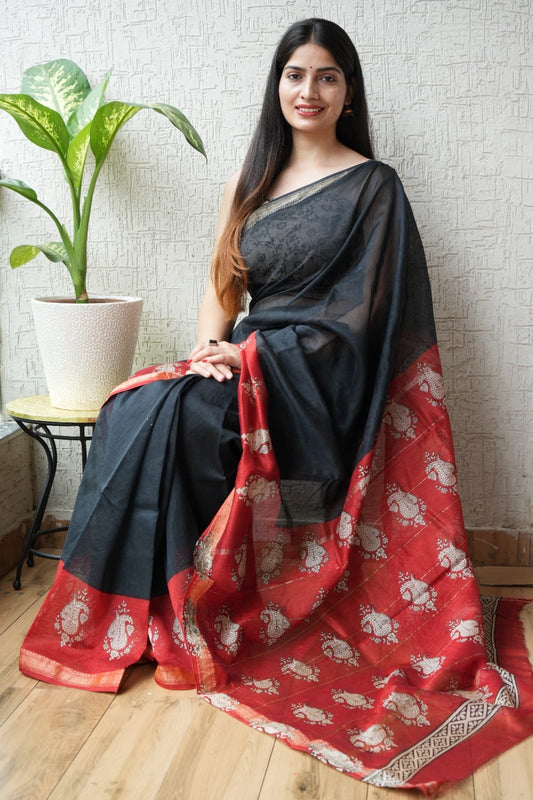 Jaipuri Hand Block Bagru Printed Maheshwari Silk Saree With Blouse (MSS46)