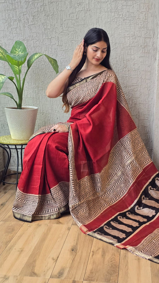Jaipuri Hand Block Bagru Printed Maheshwari Silk Saree With Blouse (MSS49)
