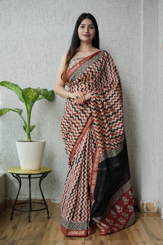 Jaipuri Hand Block Bagru Printed Maheshwari Silk Saree With Blouse (MSS58)