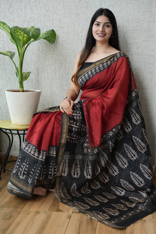 Jaipuri Hand Block Bagru Printed Maheshwari Silk Saree With Blouse (MSS60)