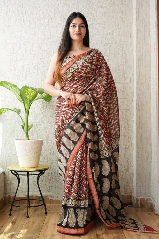 Jaipuri Hand Block Bagru Printed Maheshwari Silk Saree With Blouse (MSS62)