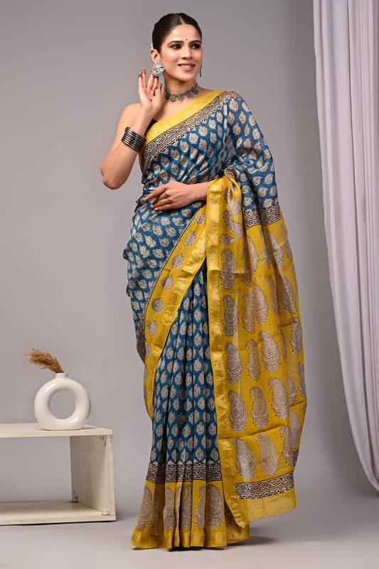 Jaipuri Hand Block Bagru Printed Maheshwari Silk Saree With Blouse (MSS64)