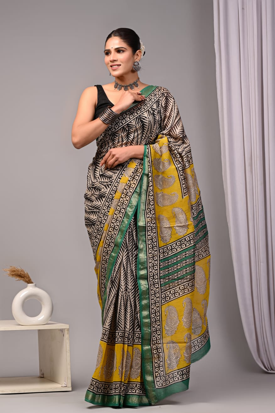 Jaipuri Hand Block Bagru Printed Maheshwari Silk Saree With Blouse (MSS65)