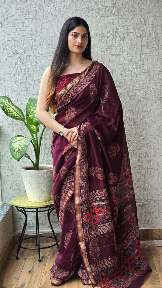 Jaipuri Hand Block Bagru Printed Maheshwari Silk Saree With Blouse (MSS68)
