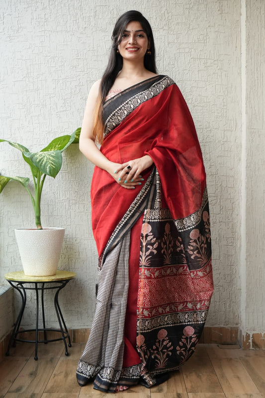 Bagru Hand Block Printed Chanderi Silk Saree with Blouse (CSS1)