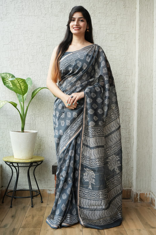 Bagru Hand Block Printed Chanderi Silk Saree with Blouse (CSS5)