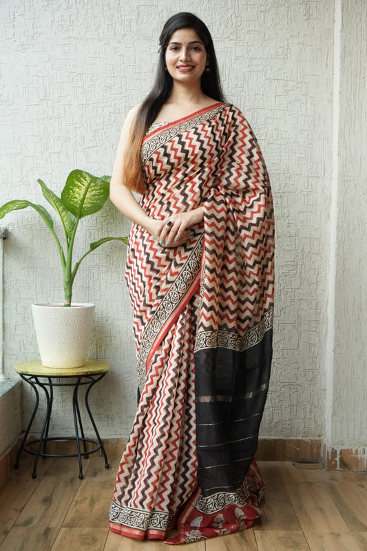 Bagru Hand Block Printed Chanderi Silk Saree with Blouse (CSS6)