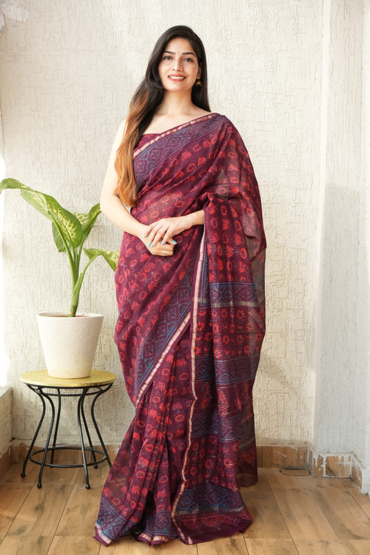 Bagru Hand Block Printed Chanderi Silk Saree with Blouse (CSS9)