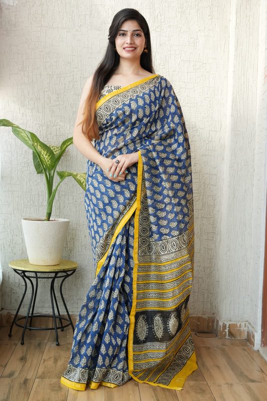Bagru Hand Block Printed Chanderi Silk Saree with Blouse (CSS13)