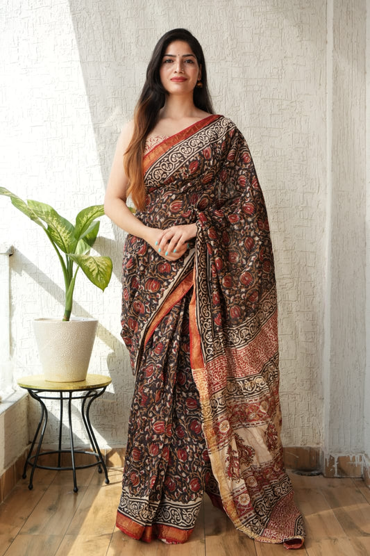 Jaipuri Hand Block Bagru Printed Maheshwari Silk Saree With Blouse (MSS70)