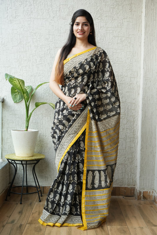 Bagru Hand Block Printed Chanderi Silk Saree with Blouse (CSS31)
