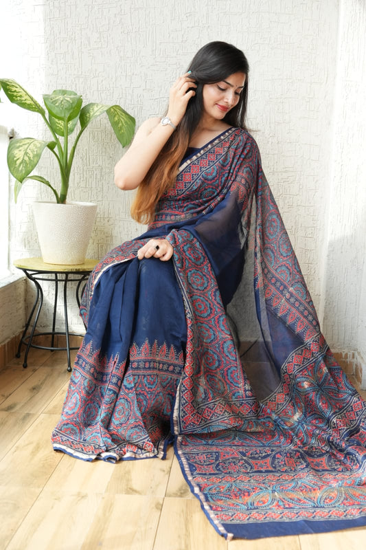 Bagru Hand Block Printed Chanderi Silk Saree with Blouse (CSS32)