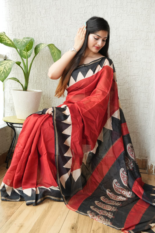 Bagru Hand Block Printed Chanderi Silk Saree with Blouse (CSS33)