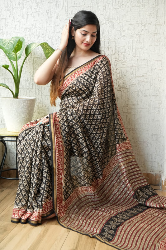 Bagru Hand Block Printed Chanderi Silk Saree with Blouse (CSS34)