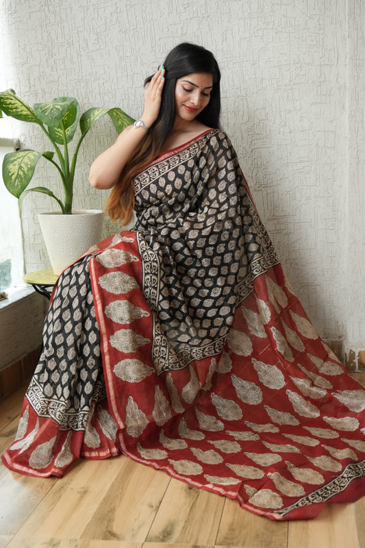 Bagru Hand Block Printed Chanderi Silk Saree with Blouse (CSS35)