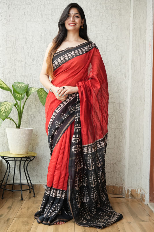 Bagru Hand Block Printed Chanderi Silk Saree with Blouse (CSS37)