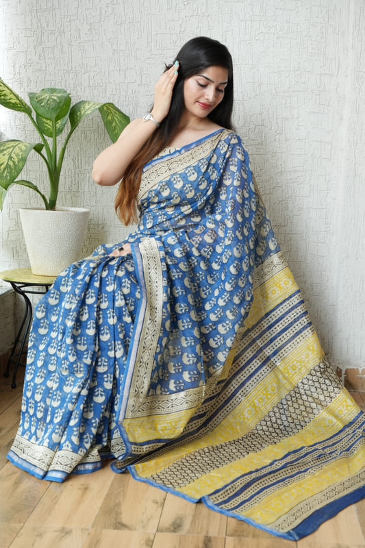 Bagru Hand Block Printed Chanderi Silk Saree with Blouse (CSS38)