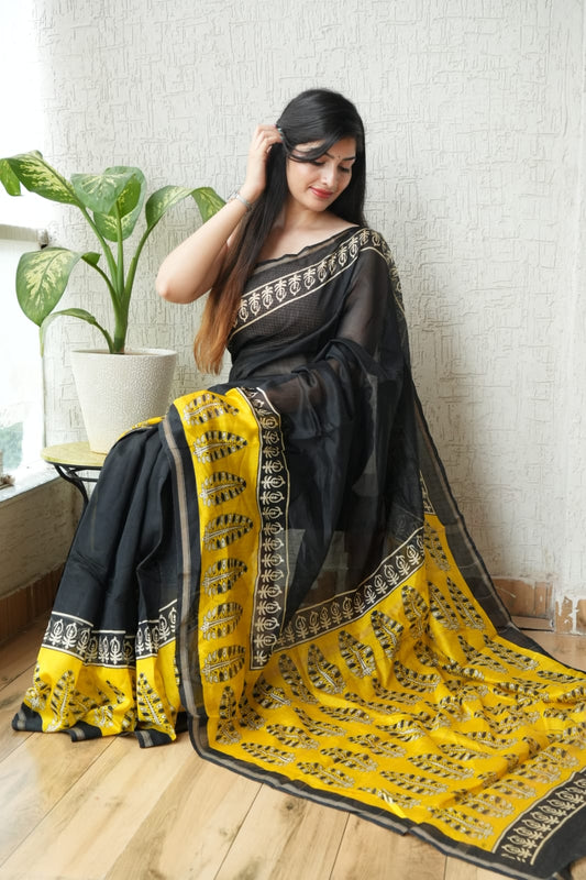 Bagru Hand Block Printed Chanderi Silk Saree with Blouse (CSS39)