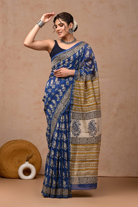 Bagru Hand Block Printed Chanderi Silk Saree with Blouse (CSS43)