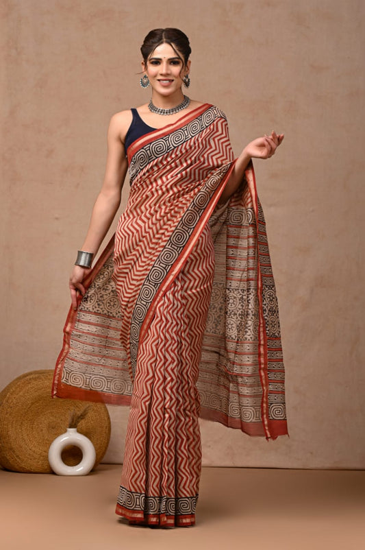 Bagru Hand Block Printed Chanderi Silk Saree with Blouse (CSS44)