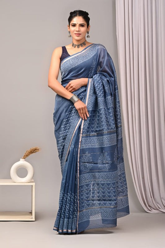 Bagru Hand Block Printed Chanderi Silk Saree with Blouse (CSS45)