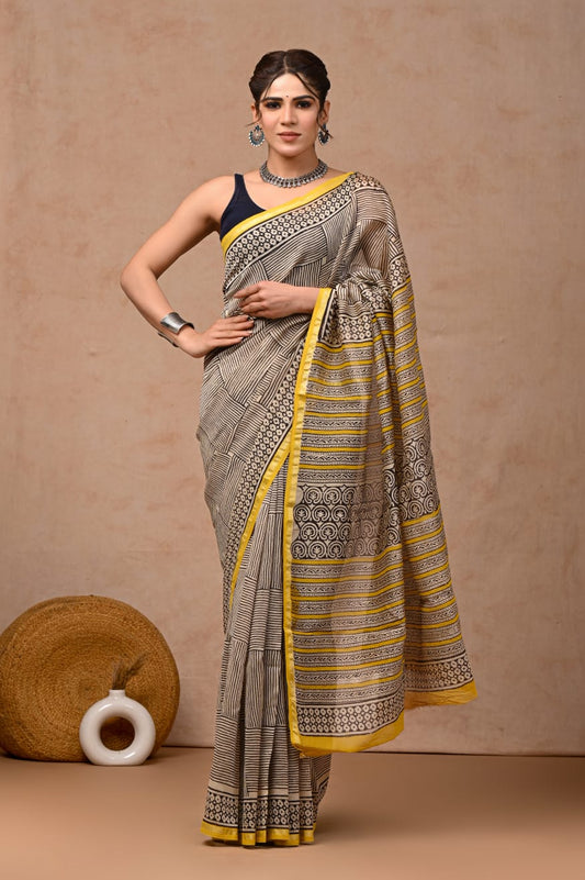 Bagru Hand Block Printed Chanderi Silk Saree with Blouse (CSS47)