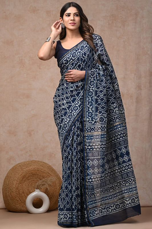 Bagru Hand Block Printed Chanderi Silk Saree with Blouse (CSS48)