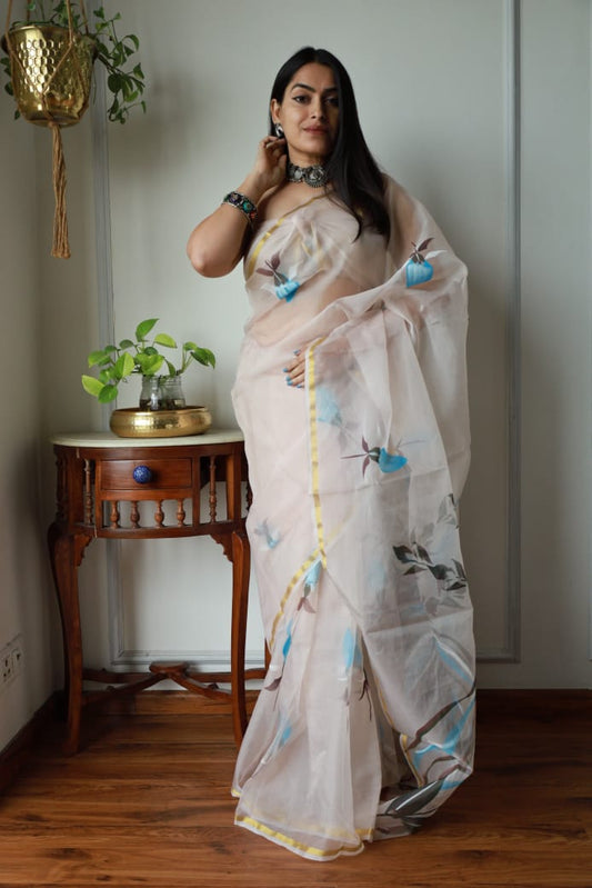 HAND BURSH PAINTED ORGANZA SILK SAREE WITH BLOUSE (CIB9)