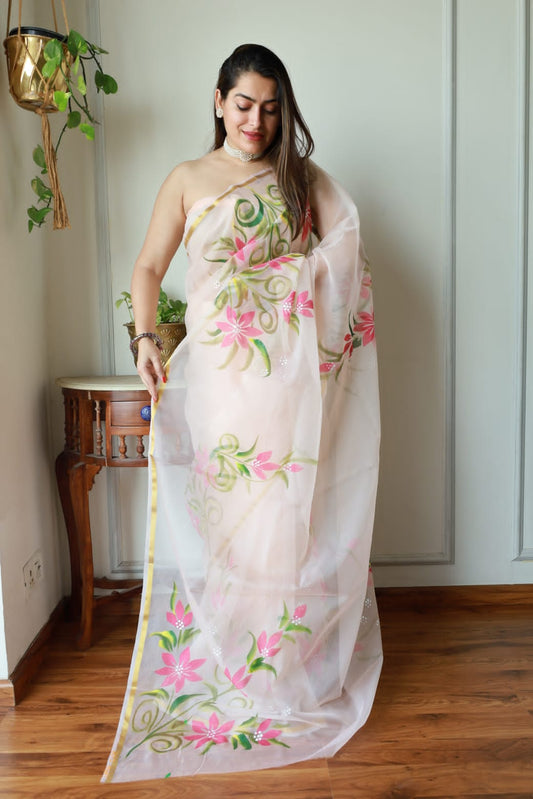 HAND BURSH PAINTED ORGANZA SILK SAREE WITH BLOUSE (CIB11)
