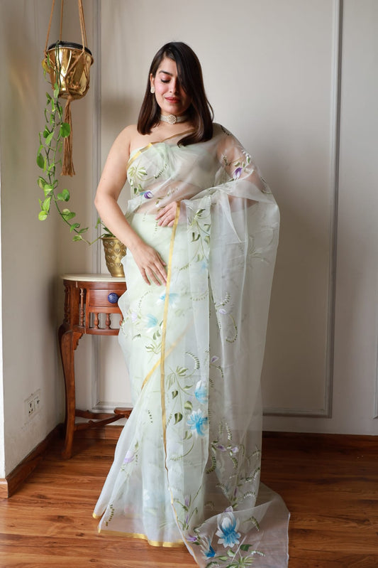 HAND BURSH PAINTED ORGANZA SILK SAREE WITH BLOUSE (CIB16)