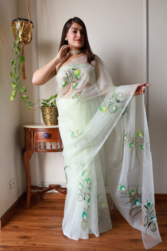 HAND BURSH PAINTED ORGANZA SILK SAREE WITH BLOUSE (CIB18)