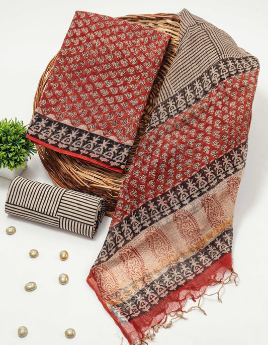 HAND BLOCK PRINTED KOTA DORIYA SUIT WITH KOTA DORIYA DUPPATA (FKS8)