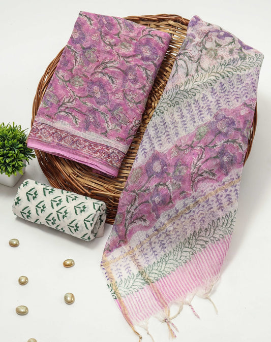 HAND BLOCK PRINTED KOTA DORIYA SUIT WITH KOTA DORIYA DUPPATA (FKS43)