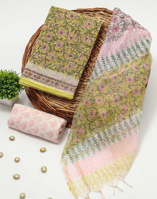 HAND BLOCK PRINTED KOTA DORIYA SUIT WITH KOTA DORIYA DUPPATA (FKS44)