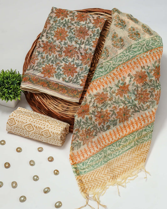 HAND BLOCK PRINTED KOTA DORIYA SUIT WITH KOTA DORIYA DUPPATA (FKS49)