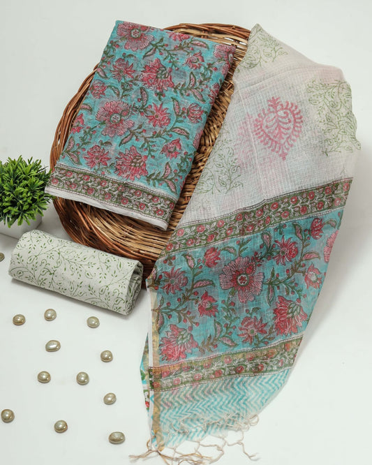 HAND BLOCK PRINTED KOTA DORIYA SUIT WITH KOTA DORIYA DUPPATA (FKS52)