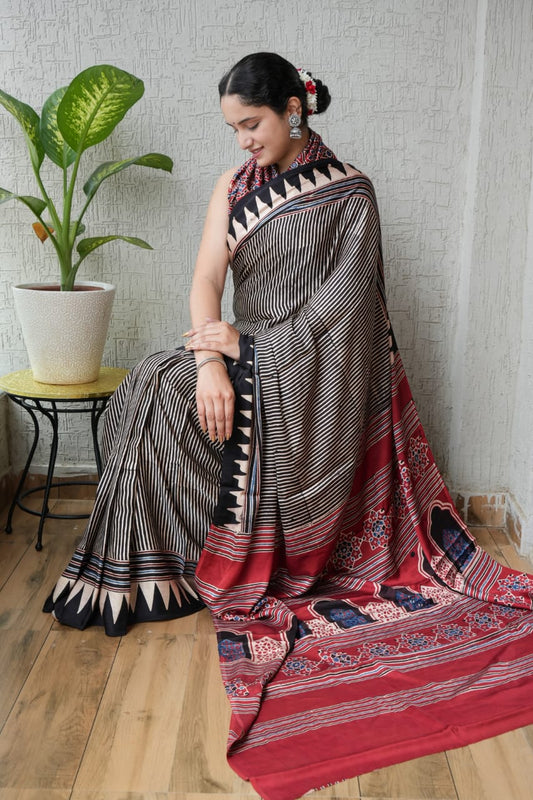 HAND BLOCK PRINTED AJARKH MODAL SILK SAREE (CIG14)