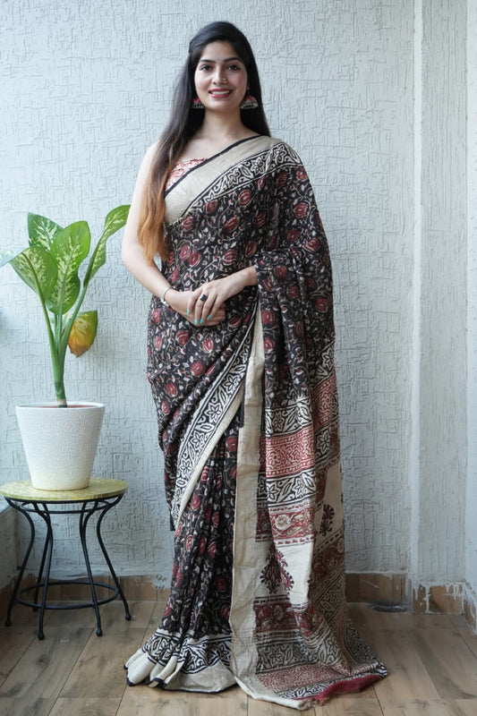 HAND BLOCK BAGRU PRINTED ART SILK CHANDERI SAREE WITH BLOUSE (CIH3)