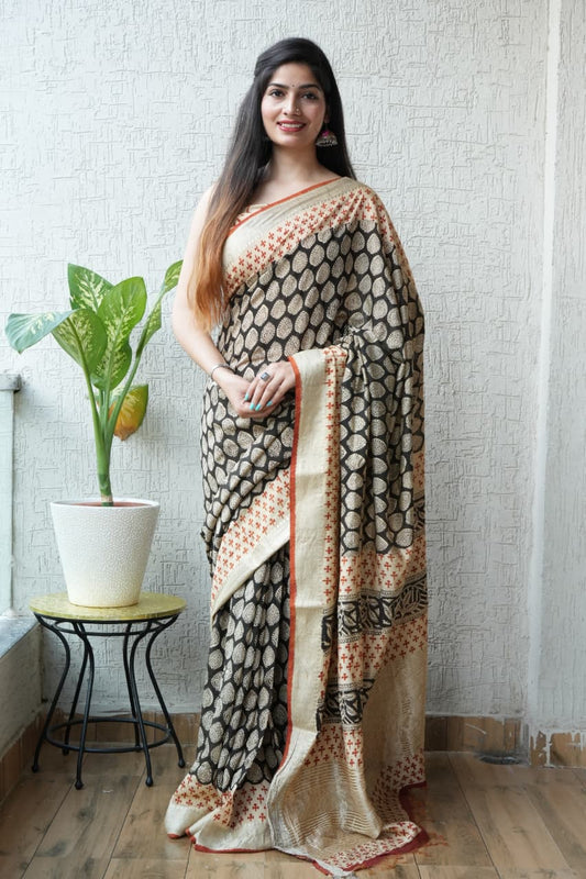 HAND BLOCK BAGRU PRINTED ART SILK CHANDERI SAREE WITH BLOUSE (CIH4)